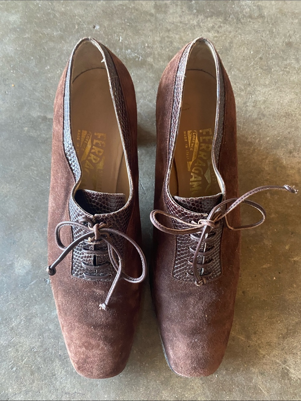 Salvatore Ferragamo Brown Suede Lace Up Ankle Heel Shoes